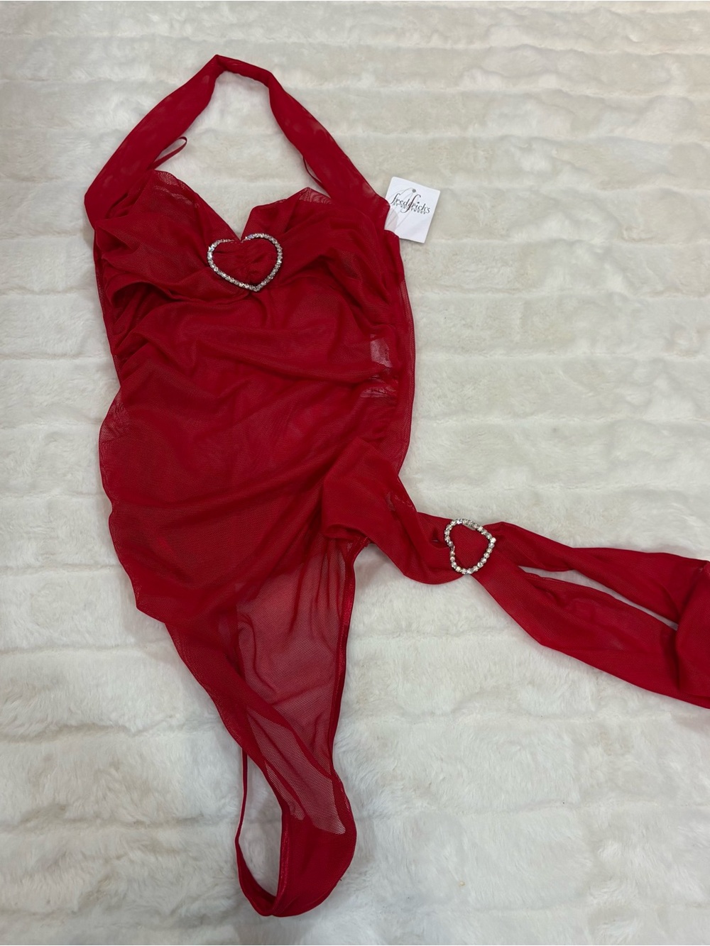 Frederick's of Hollywood Red Sheer Halter Slip with Rhinestone Hearts